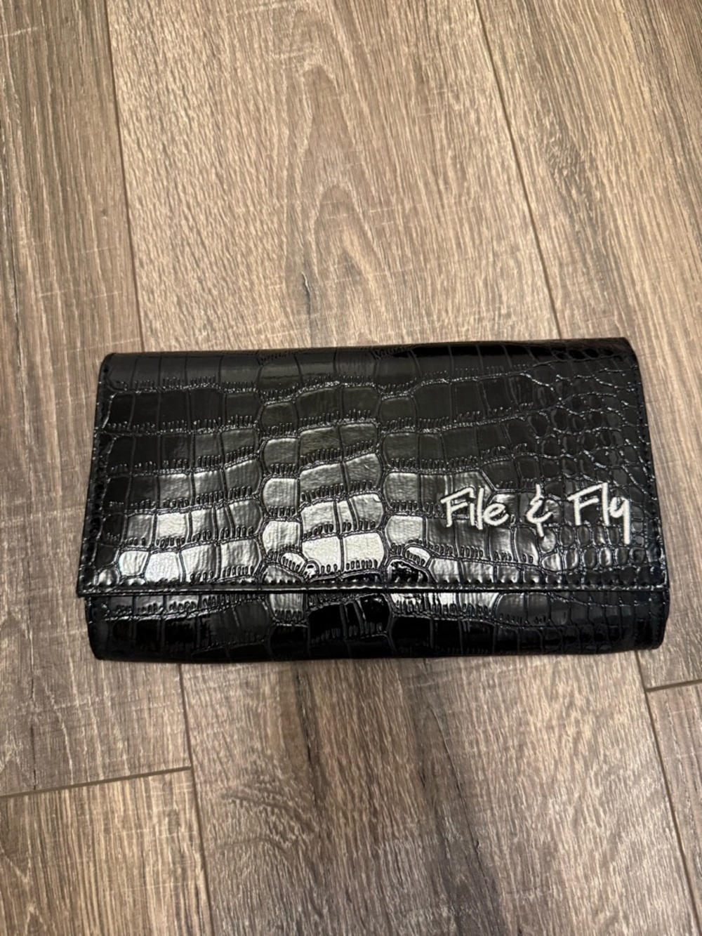 Miamica File & Fly Travel Organizer Clutch Wallet - Faux Black Croc Finish
